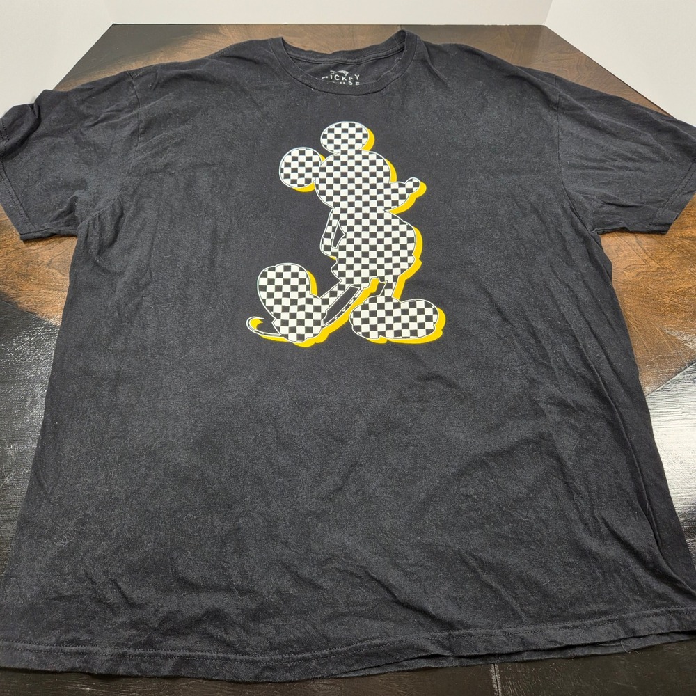 Disney Black T-Shirt Mens XXL Checkered Mickey Mouse Graphic Short Sleeve